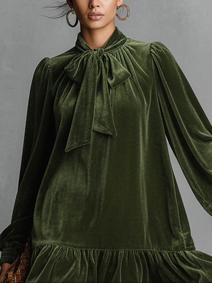 AVA LOOSE-FITTING VELVET MINI DRESS WITH NECKLINE BOW